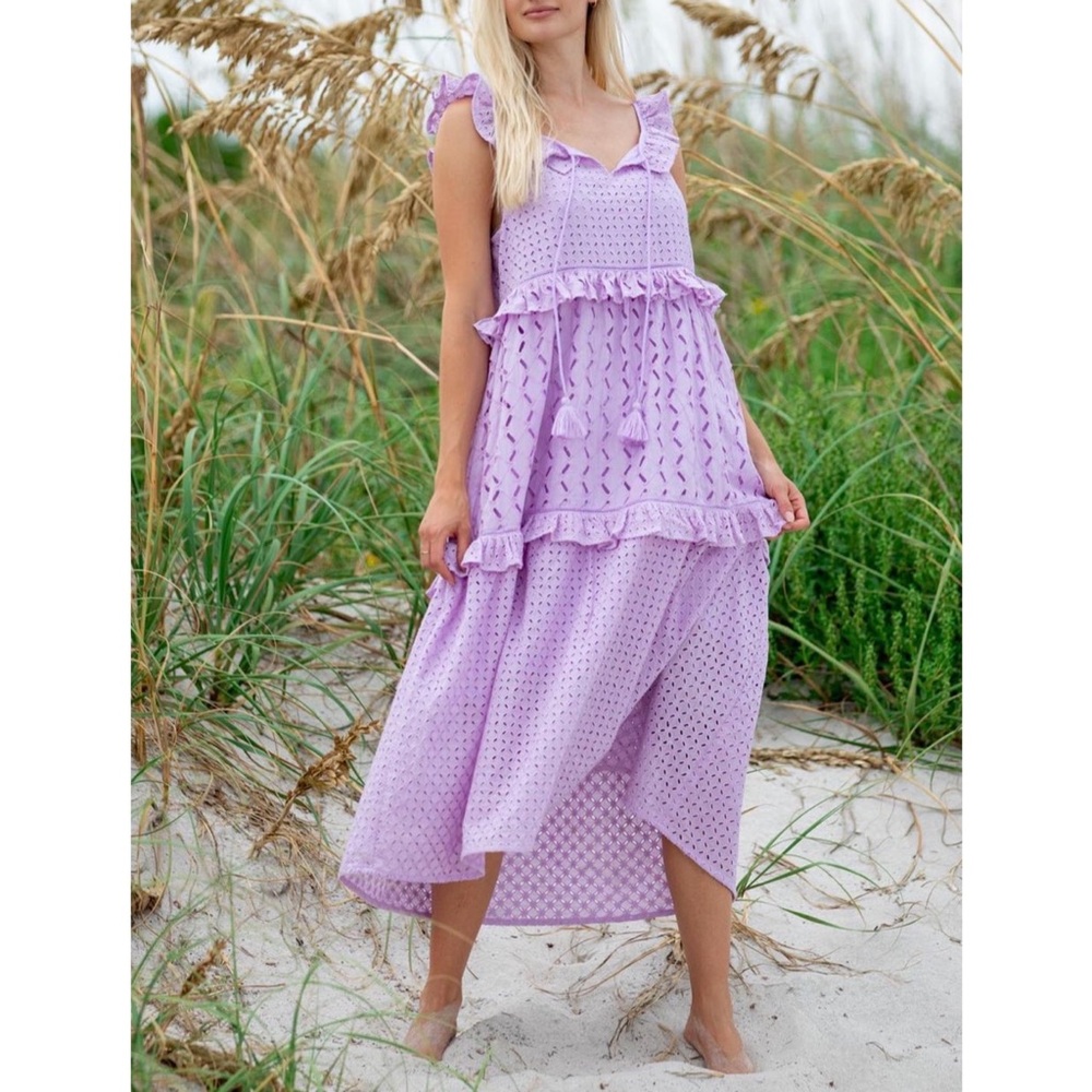 BINDU lavender purple Dominique eyelet lace tiered maxi dress XS